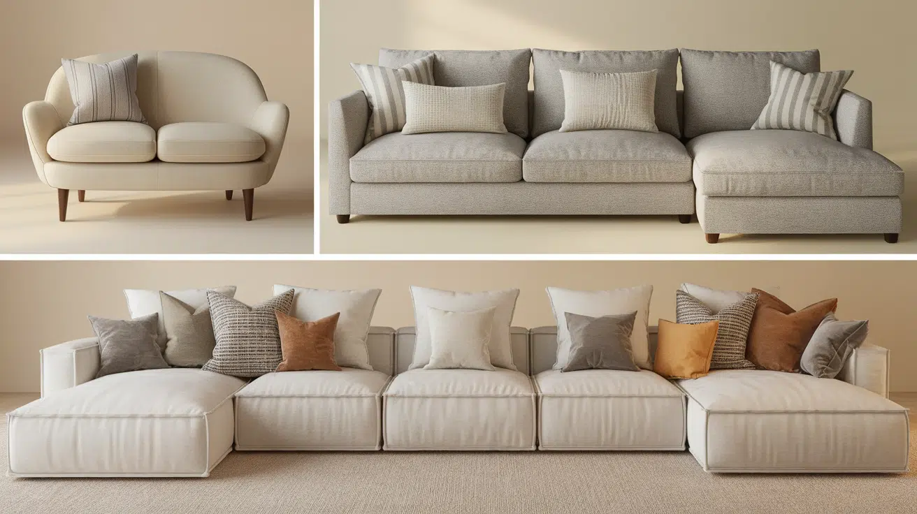 Layered throw pillow arrangement on a beige couch, mixing sizes and textures for a designer finish.